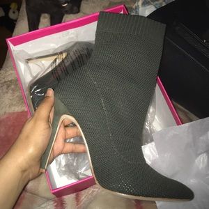 Olive sock bootie heels